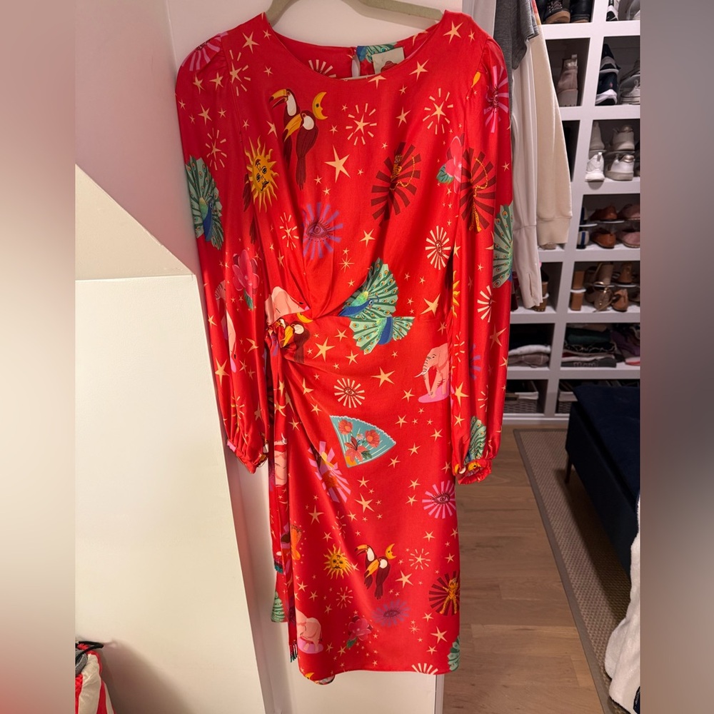 Farm Rio Silk Animal Print Red Dress Long Sleeve with Beaded Waist Cinching Sash